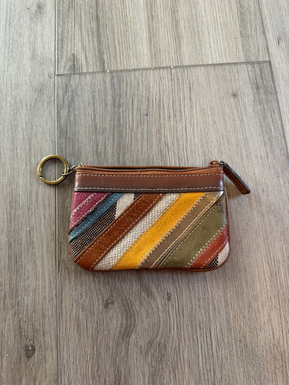 Fossil Leather Multi-Color Stripe Zip Pouch with Keyring